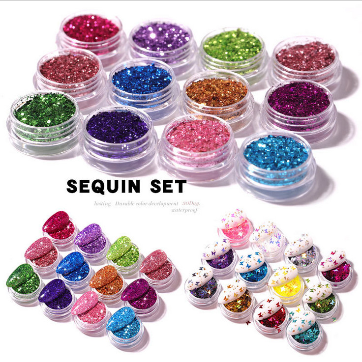 12 Colors Nail Art Sequins Set Glitter Sheets Tips Mixed Powder Dust Salon Decor
