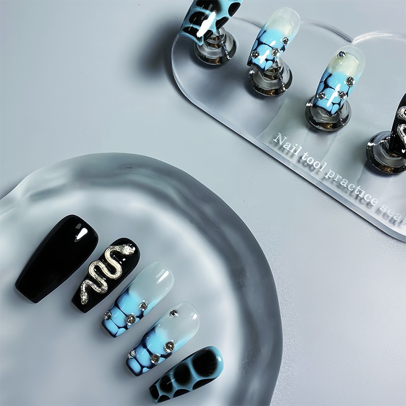 Press-on Nails Rectangular Snake Shape Hand Painted Flower Press-on Nails