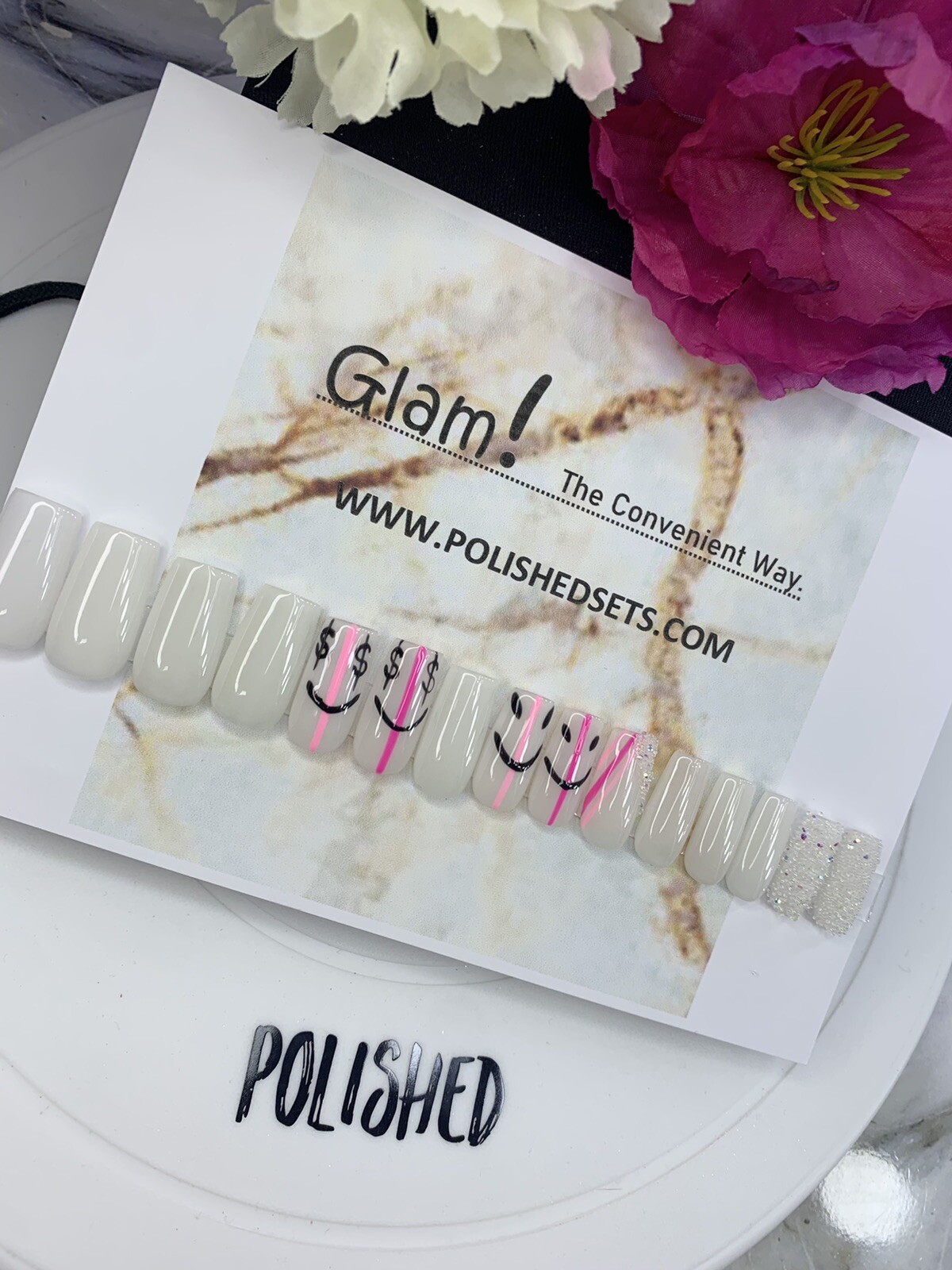 press on nails| Medium Smiley Milky White Set