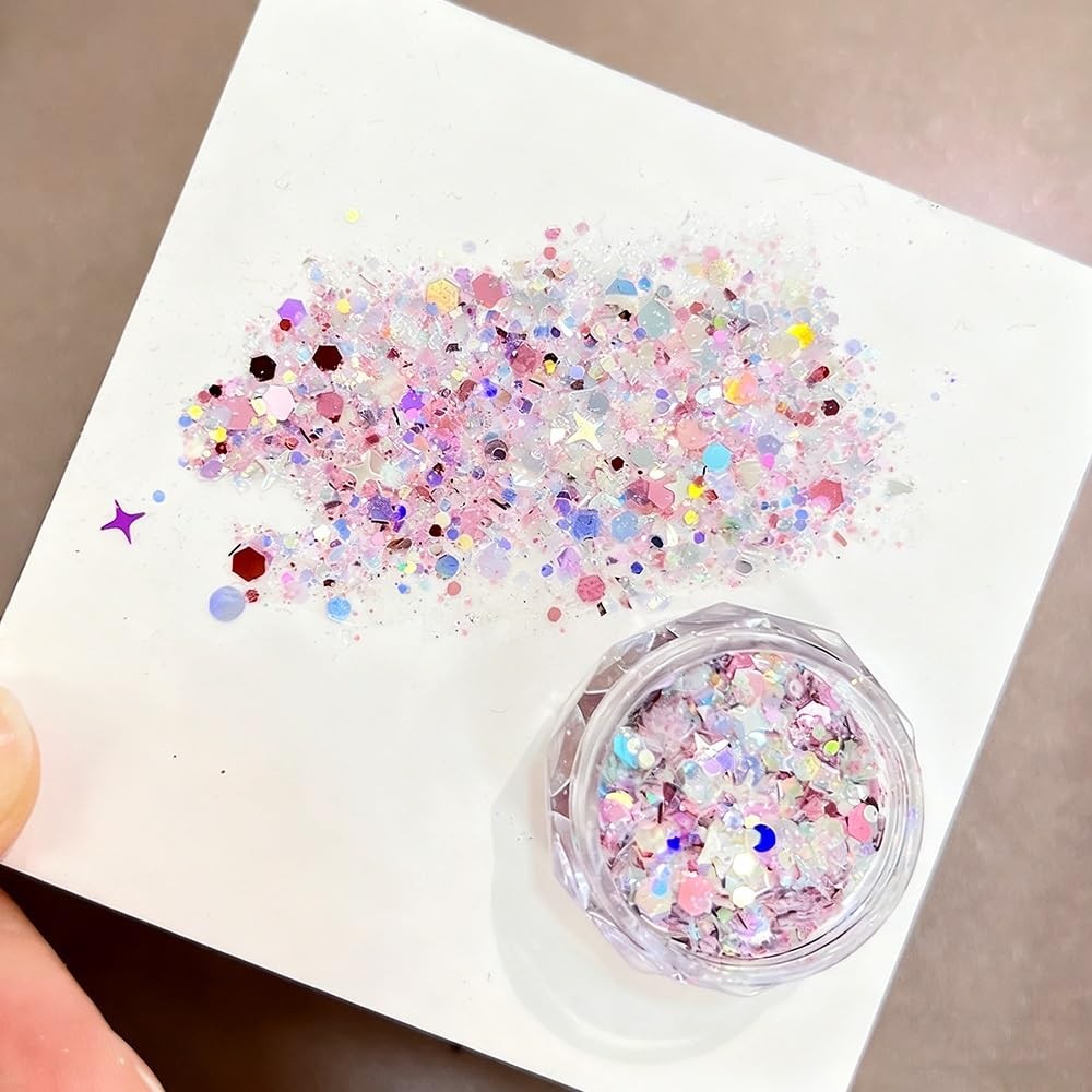 2 Boxes Colorful Heart Star Glitter for Nails Aurora Pink Nail Glitter Flakes…