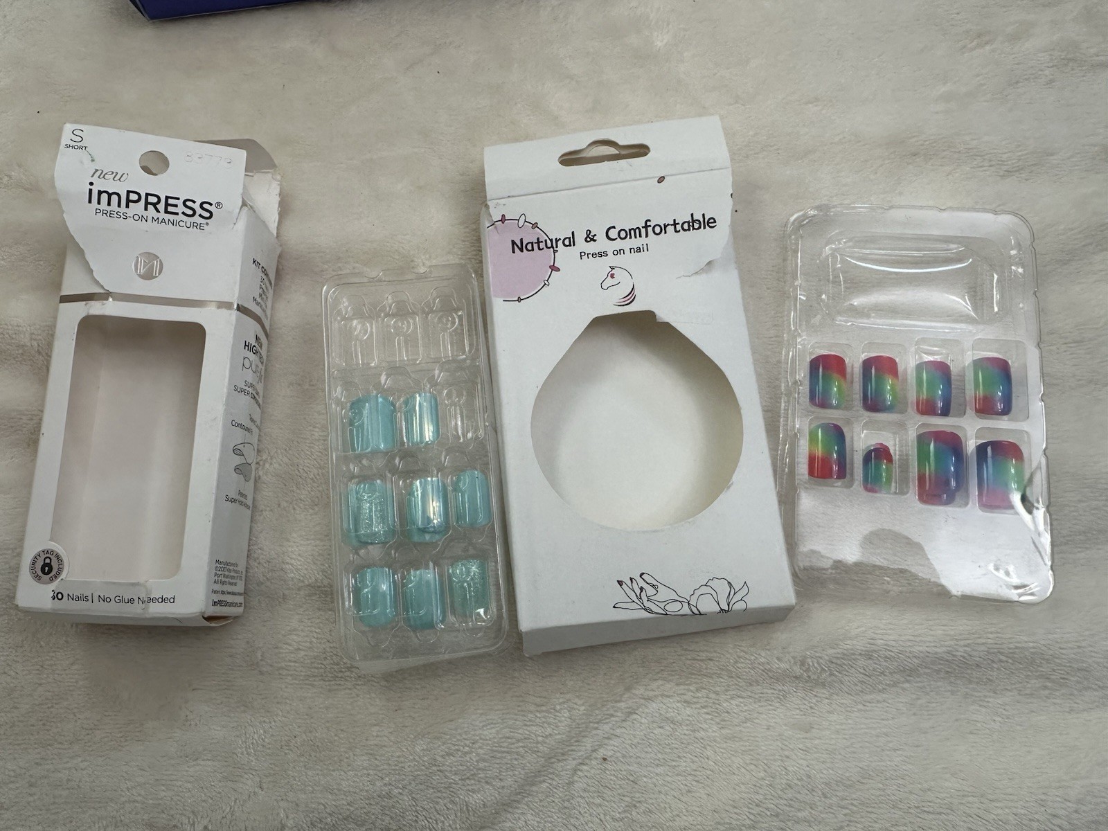 New GEL Reusable White Press On Nails 32pc & Open box Blue & Rainbow Press Ons