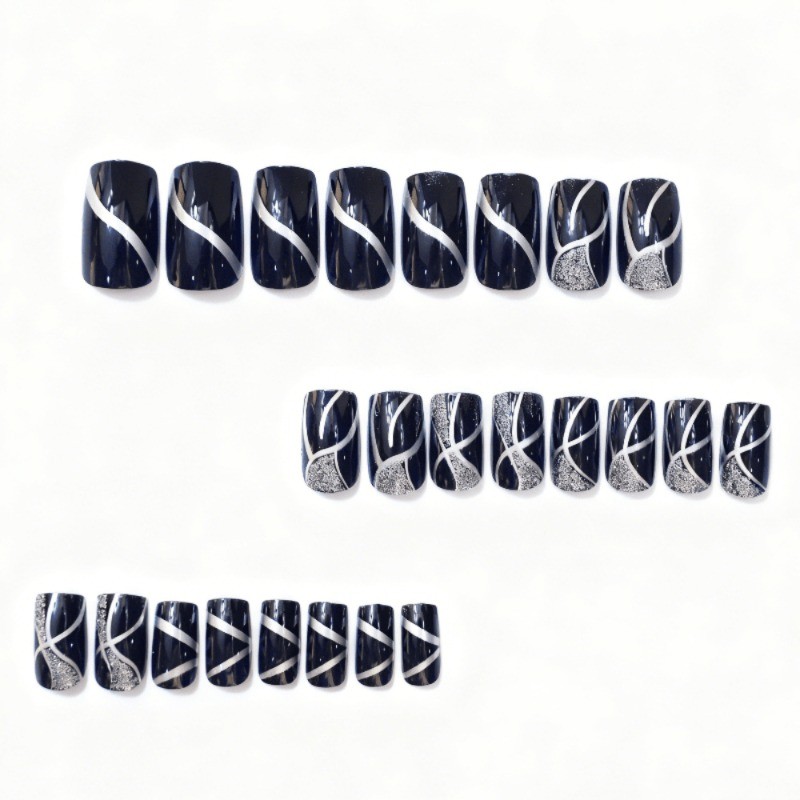 48 Pcs of Blue Silver Gray Blue Sparkling Fake Nails, Suitable for Women’s Nail