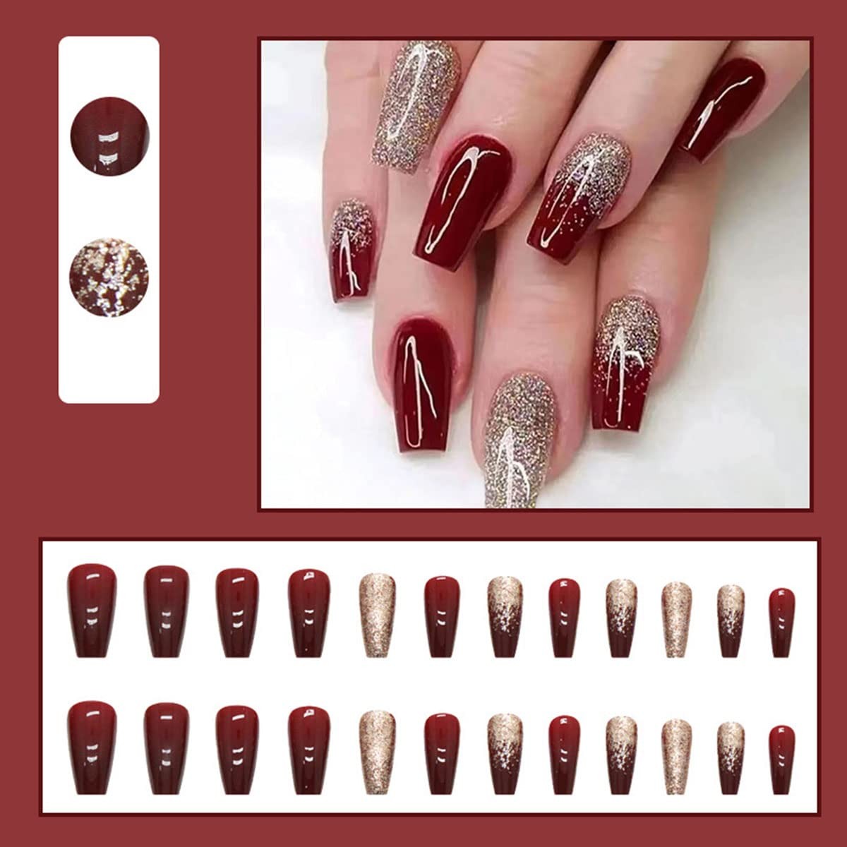 24Pcs Dark Wine Red Press on Nails Long Fake Nails Elegant Wine Red Gradient Des