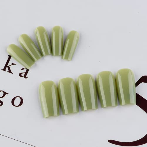 Glossy Olive Green Press on Nails Long Medium Square, Pure glossy olive green