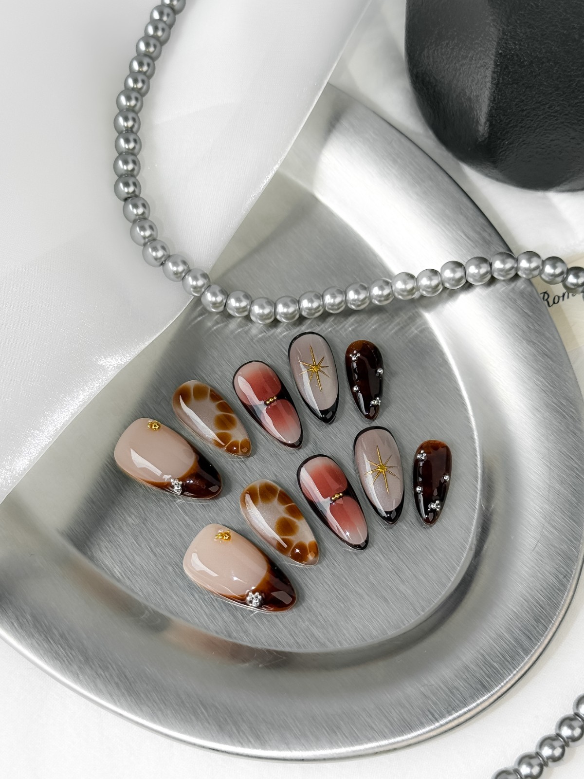 🌙 Luna Nails【Noir Amber】Press-On Nails | Handmade Reusable 10-Piece Set