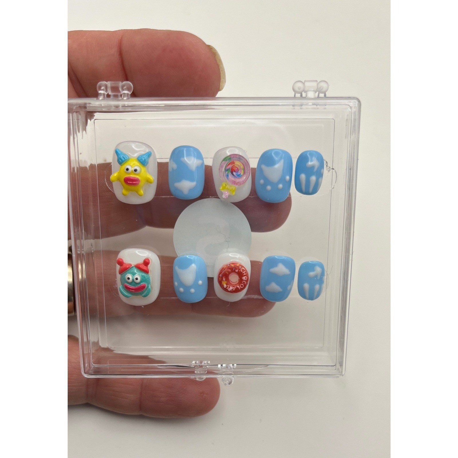 Handmade Acrylic Press On Nails Women S Blue White 3D Monster Lollipop Donut
