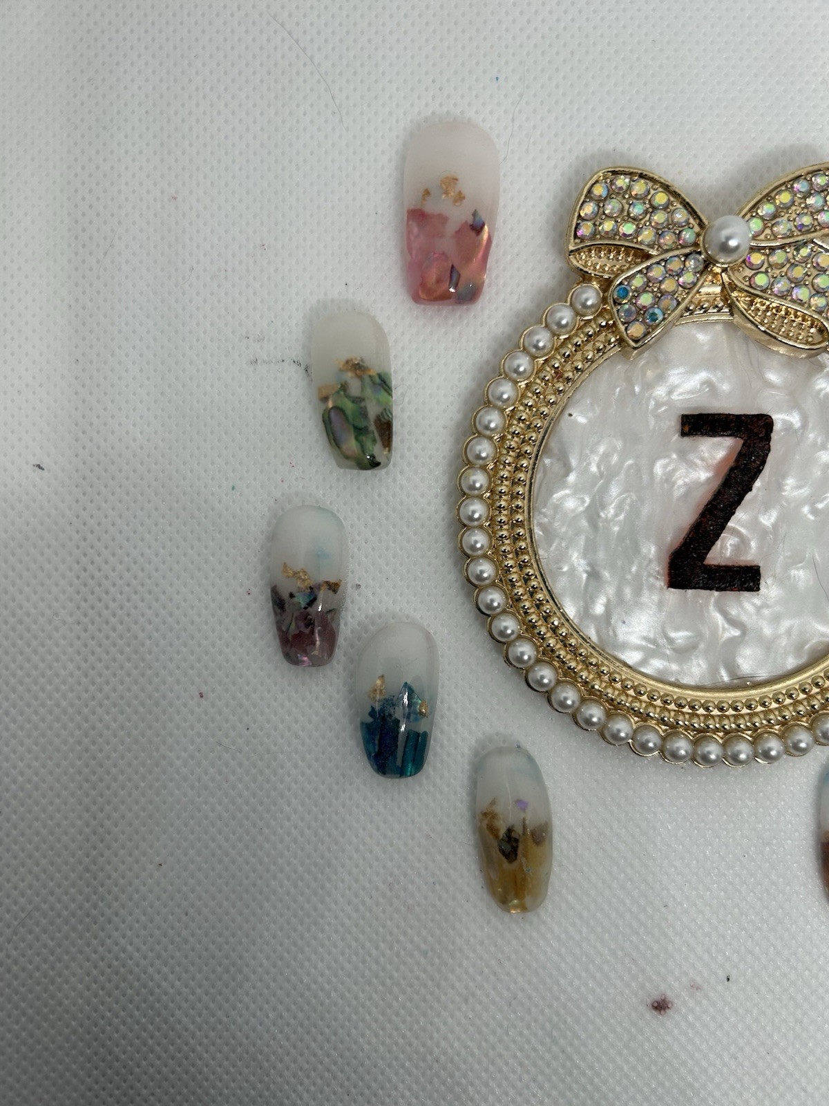 Z NAILZ! Handmade Gorgeous Milky White & Encased Abalone Shell Press On Nails