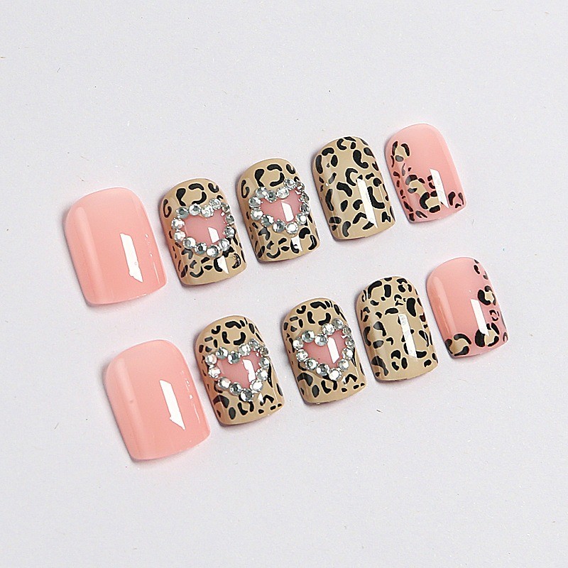 48pcs-Press on Nails Pink Nude Leopard Print Heart Rhinestone Short Square Set