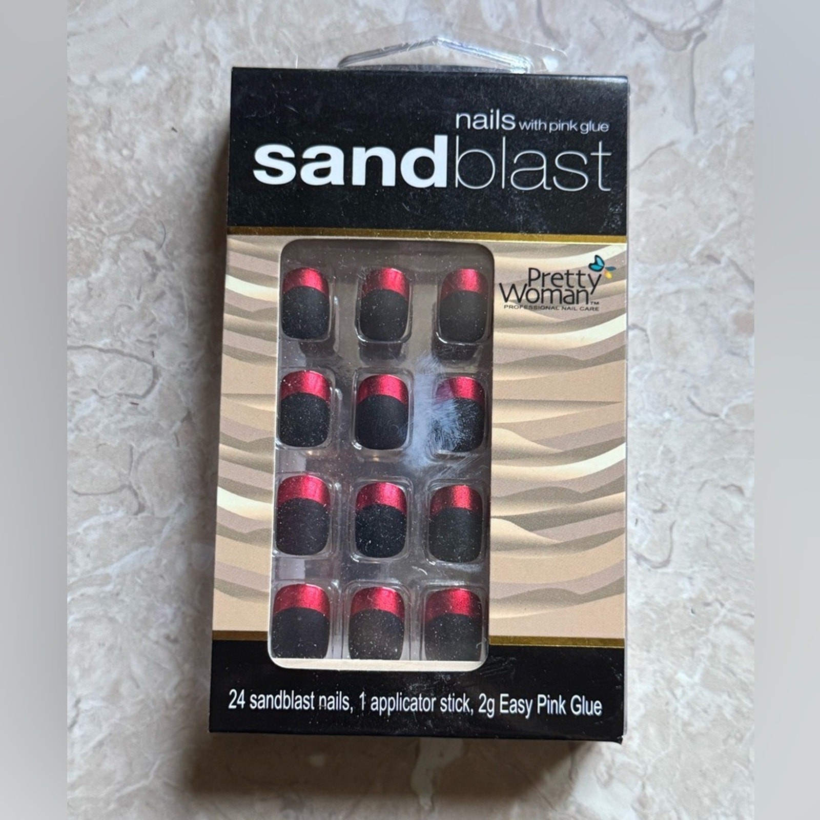Pretty Woman Sandblast Nails Matte Black Metallic Tips Red French Tip 24pc NEW