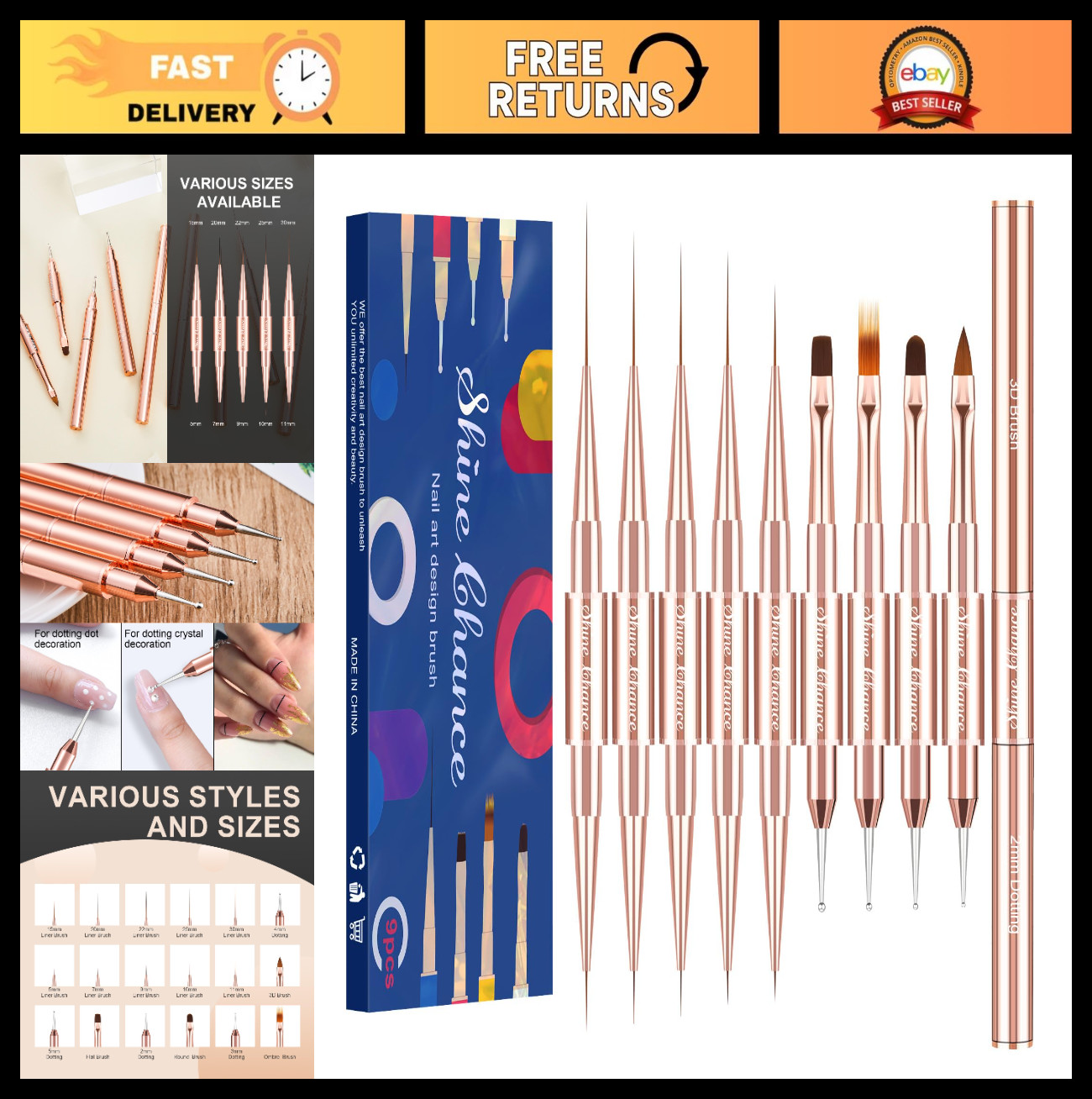 9Pcs Double-Ended Nail Art Brushes Set for Gel Polish & 3D Design, DIY Manicure