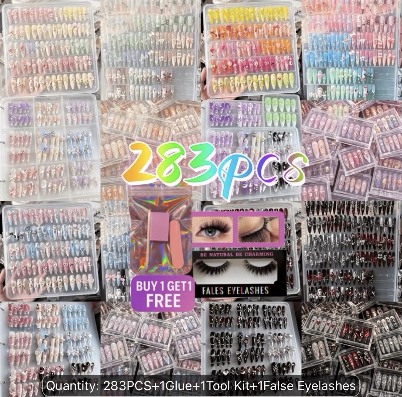 283pcs12bags Almond Press On Nails, Elegant French Style with Rhinestones, Heart