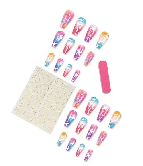 24pcs Summer Vibes Press-On Nails Set – Colorful Striped & Starfish Design,…