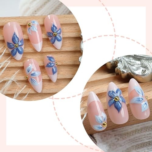 HOSAILY 3D Flower Press on Nails Medium Almond, Natural Nude 3D Blue Flower