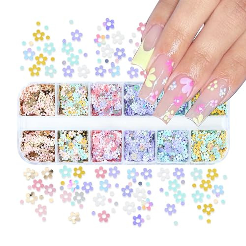 12 Grids Flower Nail Art Glitter Sequins 3D Holographic Floral Nail Flakes