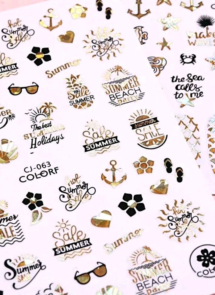 Beach Gold Nail Art Transfer Stickers Anchors Shells Mermaid Scales Whales Waves