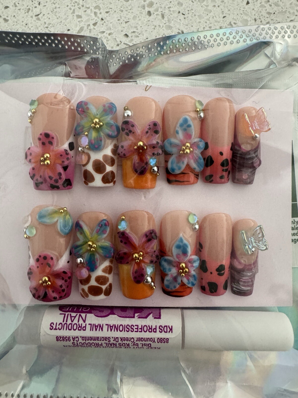New Custom Press On False Fake Nails French Animal Print Flower Butterfly 12 pc