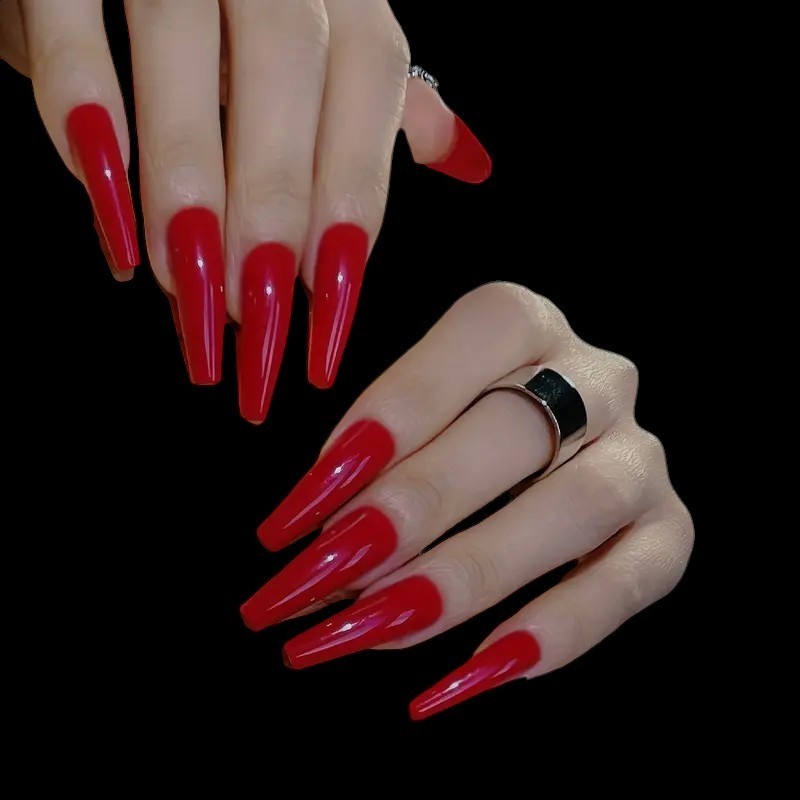 24pcs Vibrant Red Long Square Glossy Full Cover Coffin Shaped Press On Nails.