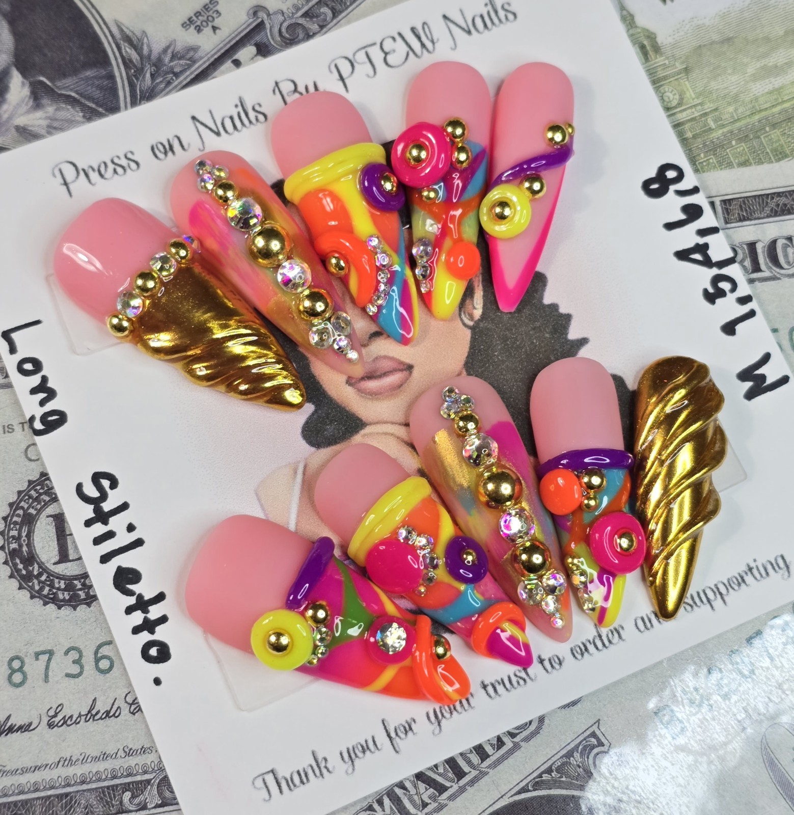 Handmade Press On Nails, Colorful Nails,Medium Size 1,5,4,6,8 Long Stiletto