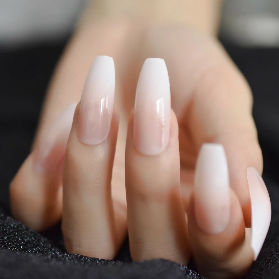Ombre French Tip Press On Nails Extra Long Coffin White Nude Baby boomer classic