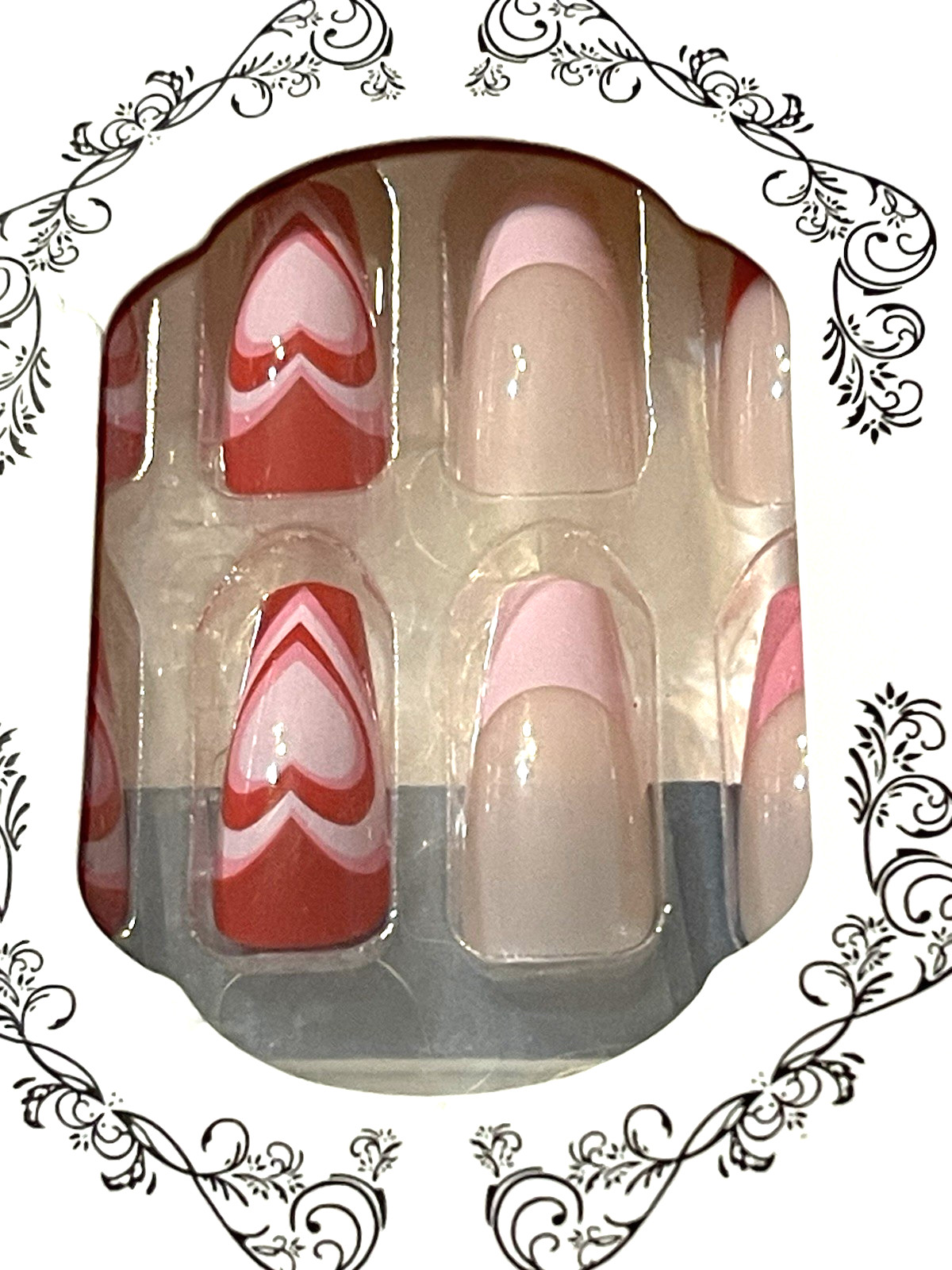 For Wonderful Nail Collection NUDE with PINK & RED FRENCH TIP & HEART DETAILS