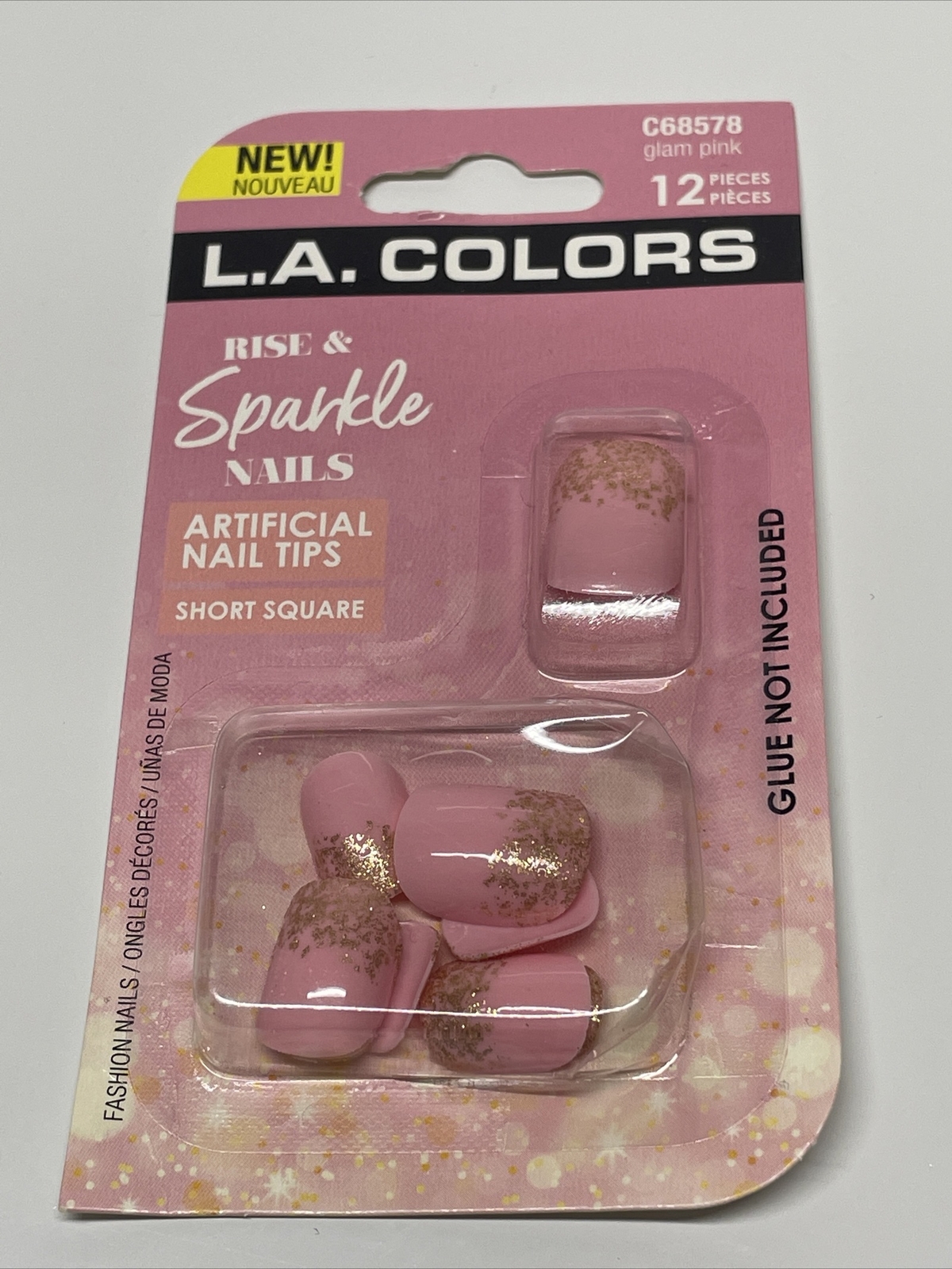 L.A. Colors Rise & Sparkle Nails Artifical Nail Tips Glam Pink Gold Short Square