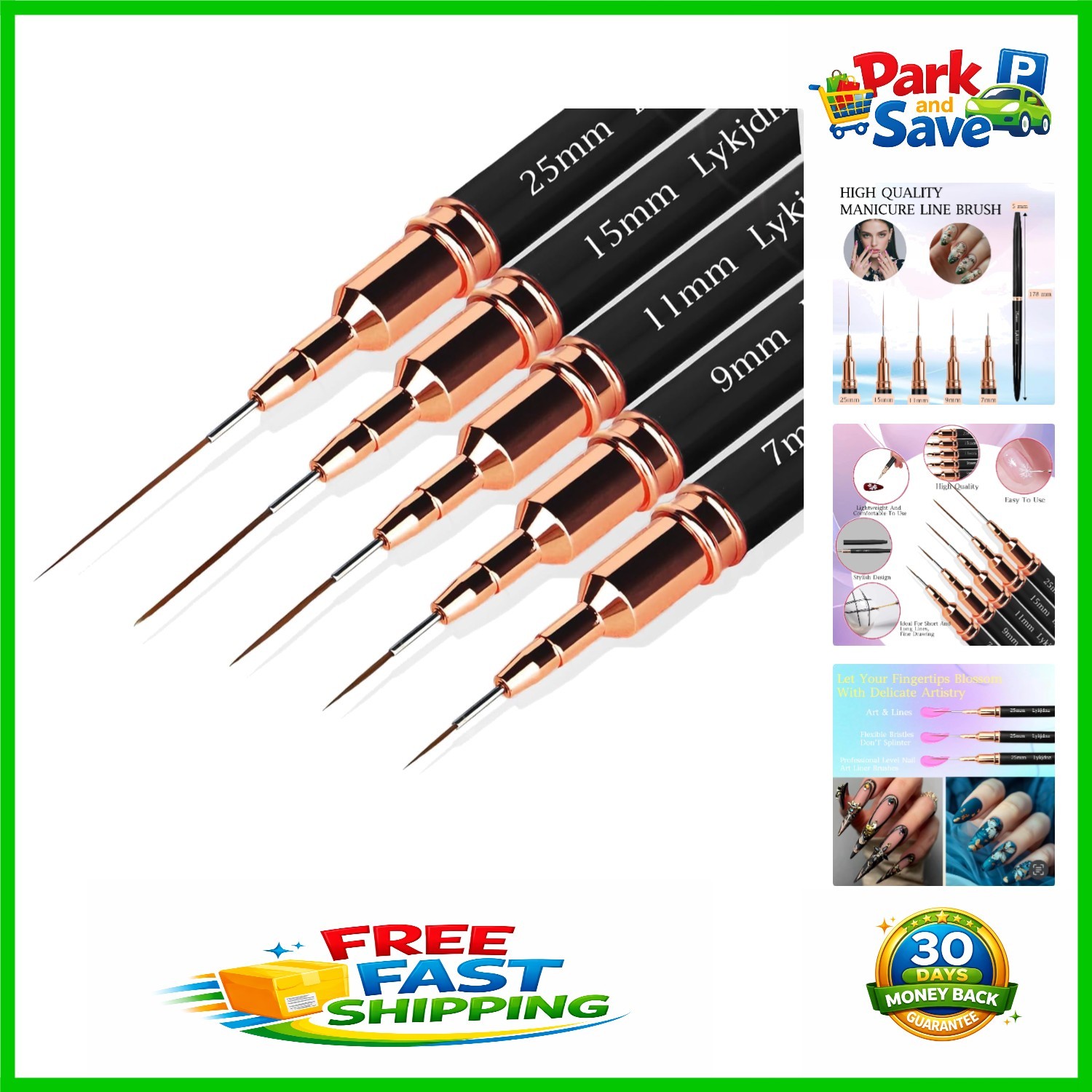 Black 5-Piece Nail Art Liner Brush Set Sizes 7/9/11/15/25mm – Durable & Portable
