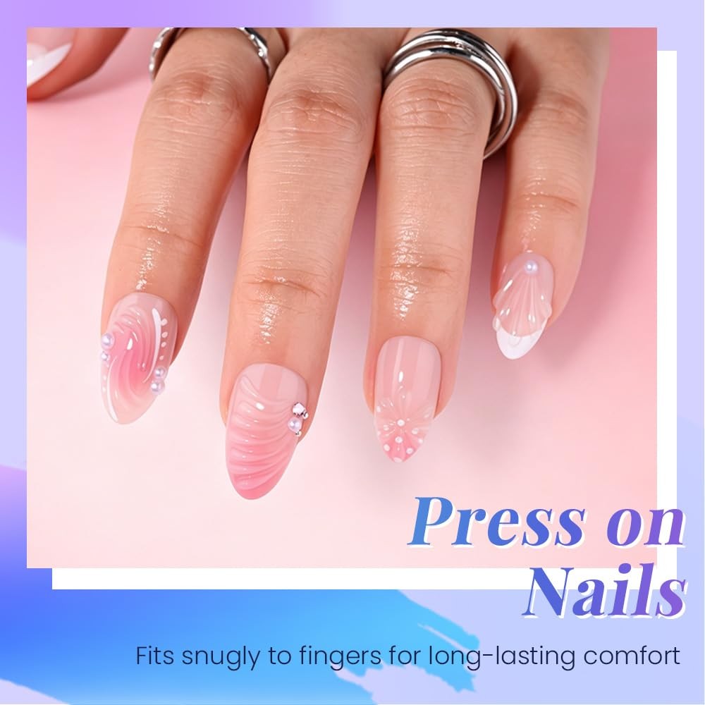evpct Short Almond Press On Nails Flower Wave