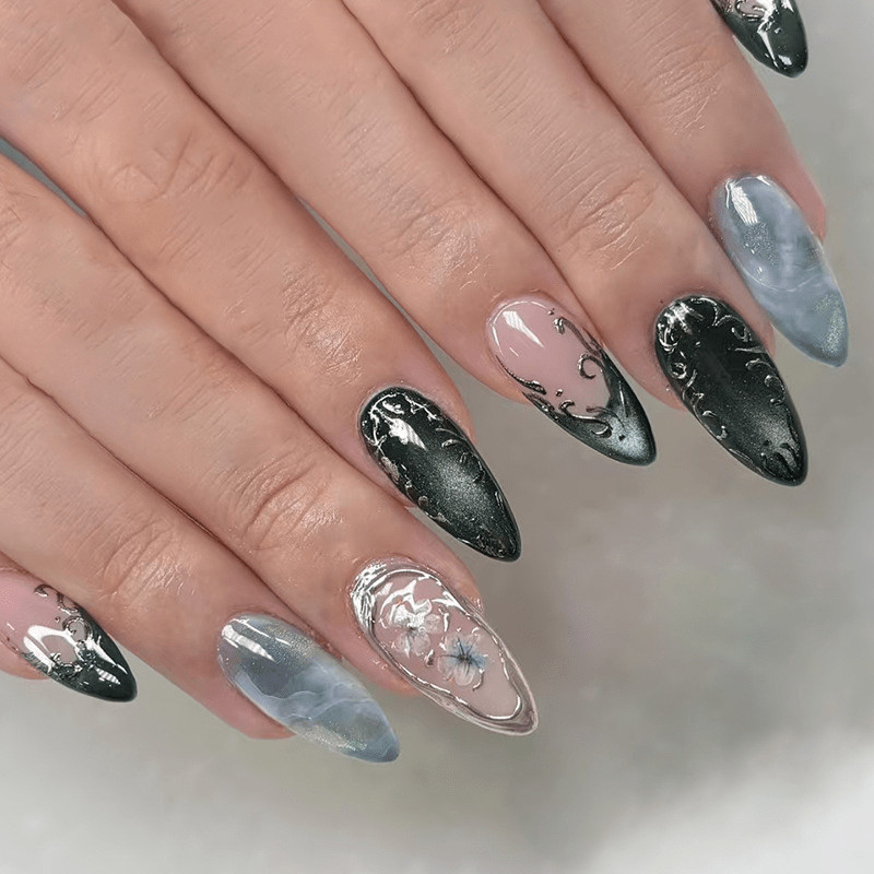 48p Dark Green Gradient Carved Nails,New Chinese Style Metal Line Press on Nails