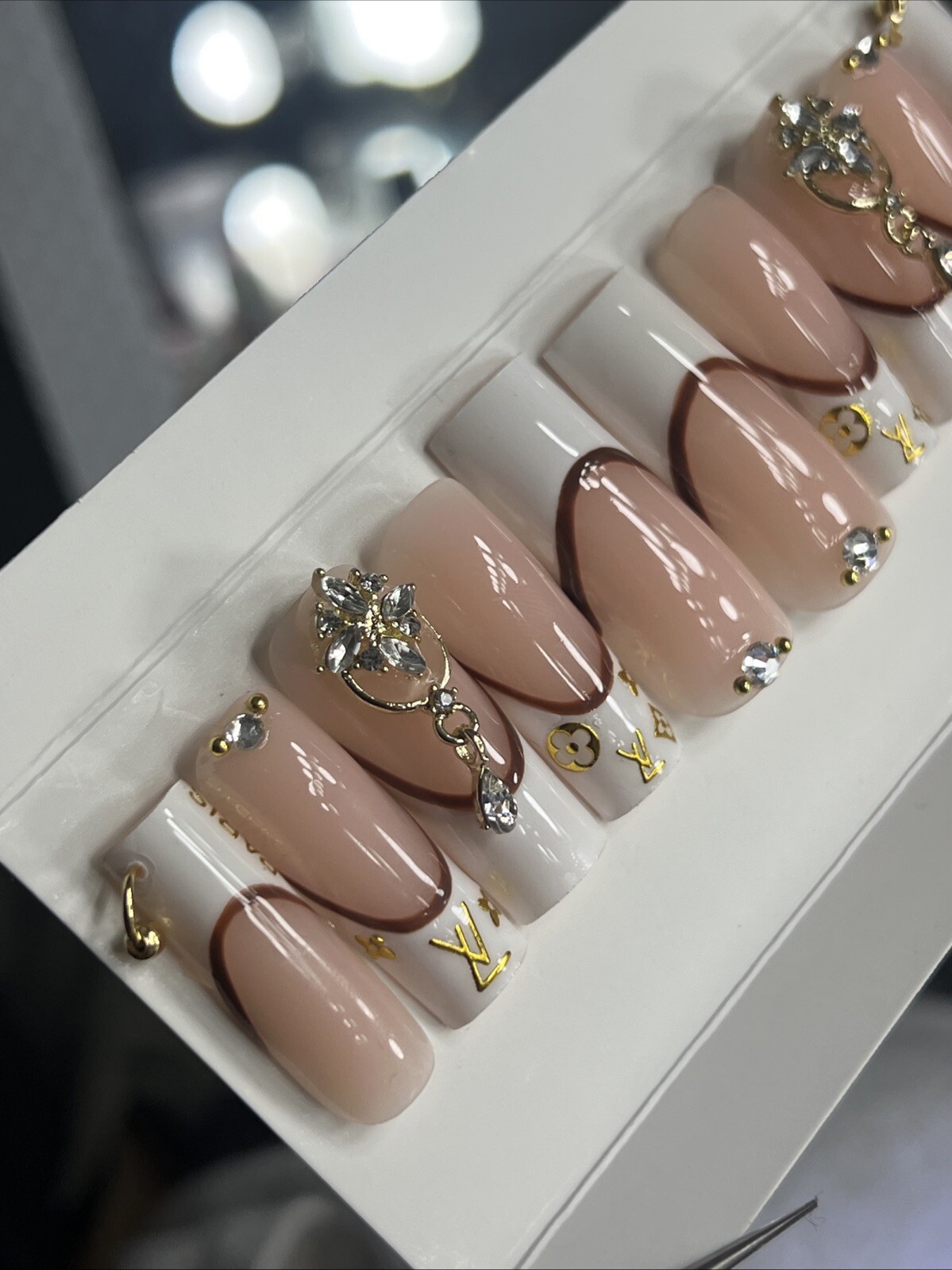 💎 CUSTOM Hard Gel Press On Nails, BLING NUDE , 10p FULL SET W Kit LONG SQUARE