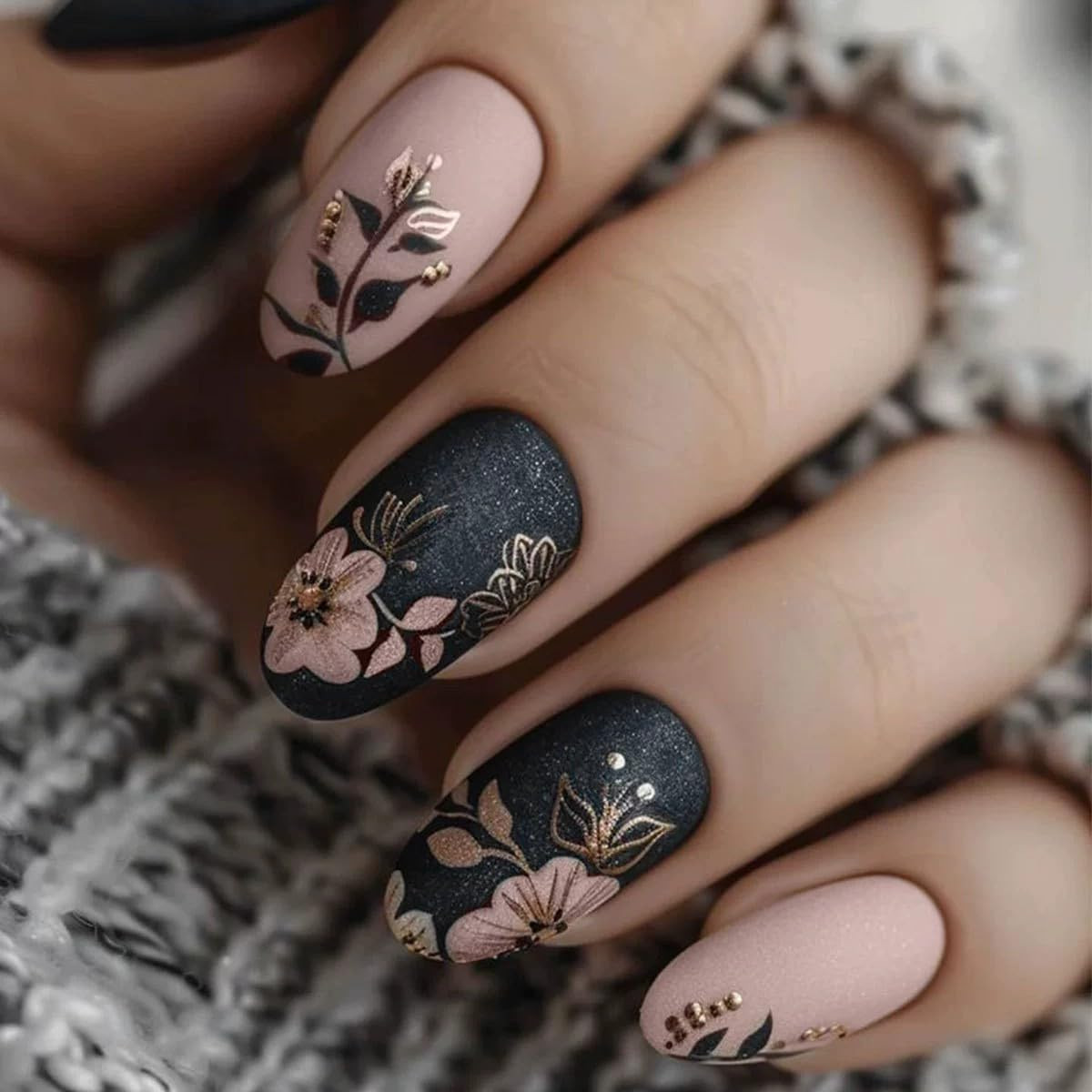 Short Press on Nails Almond Fake Nails with Flower Leaves Design Matte Black Nud