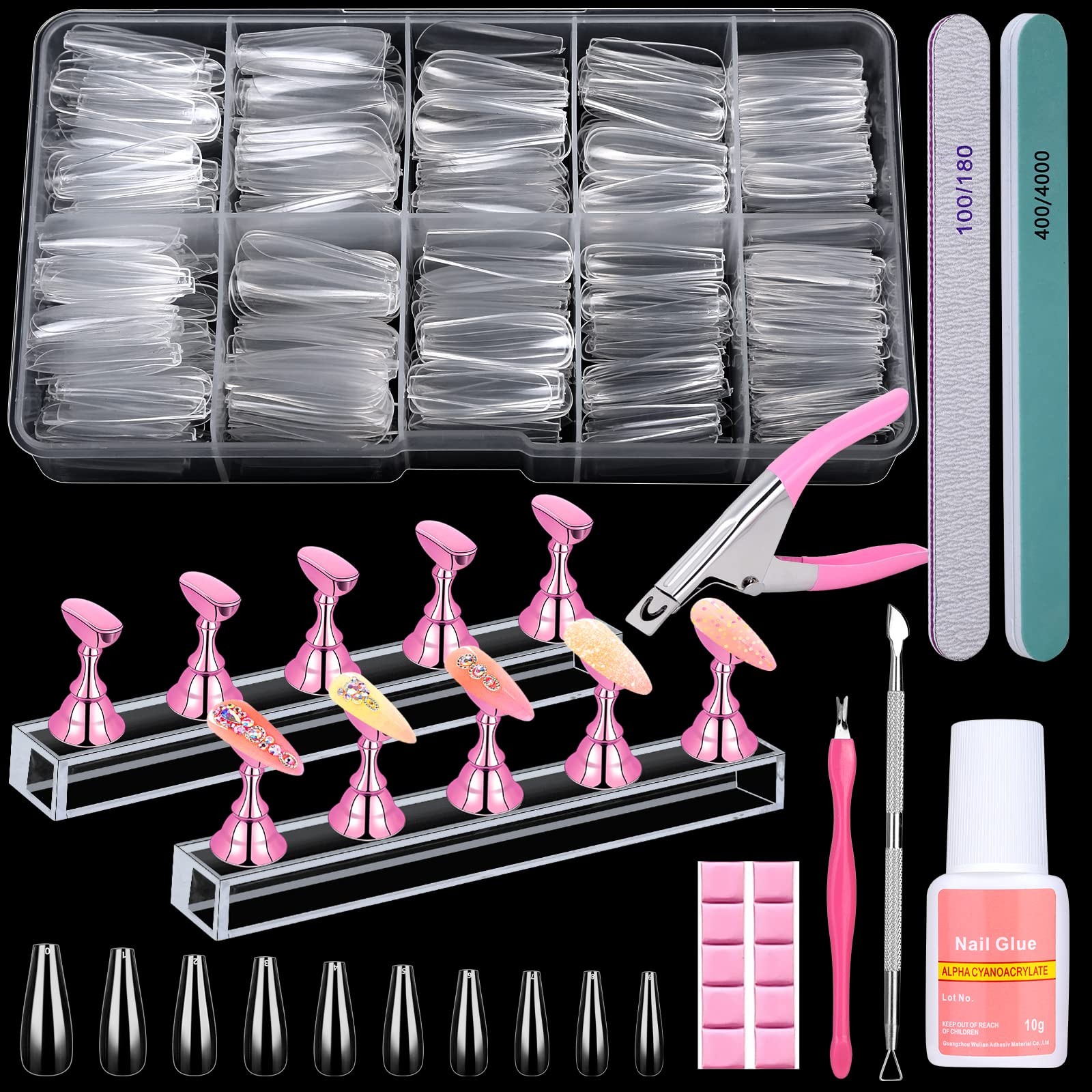 New 600PCS Clear Coffin Nail Tips Set Qinzave Acrylic with Glue Nails Full Cover