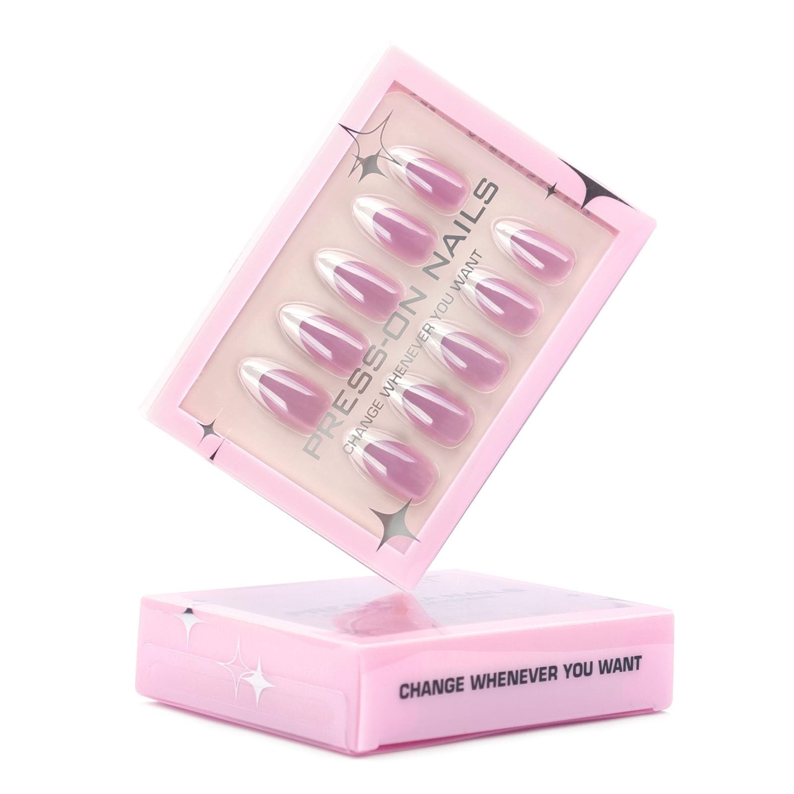 Chrome Press on Nails Almond Medium White French Tip Fake Nails Fading Red Fu…
