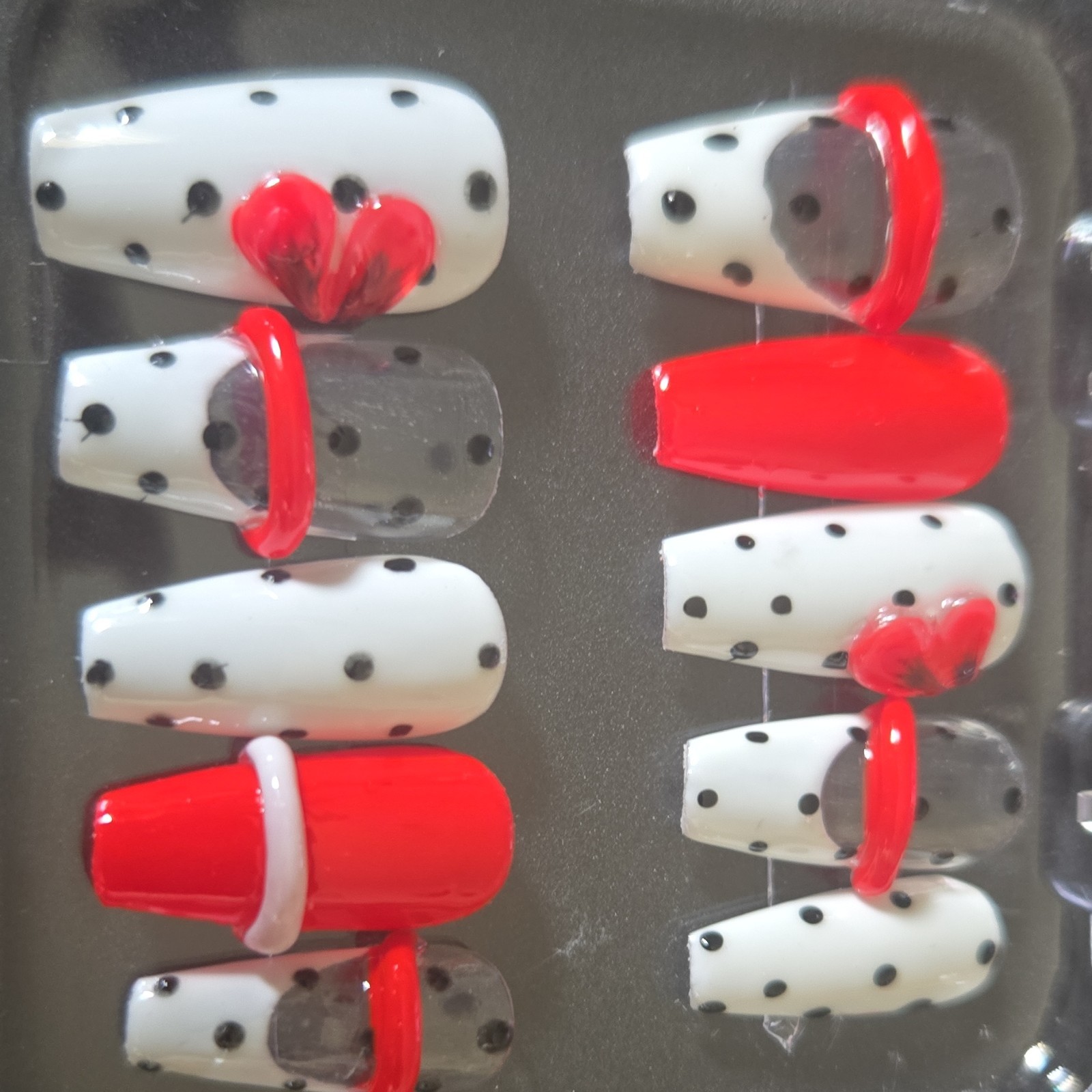 Artificial Nails Full Cover Square Medium Glossy Polka Dot White Red Black