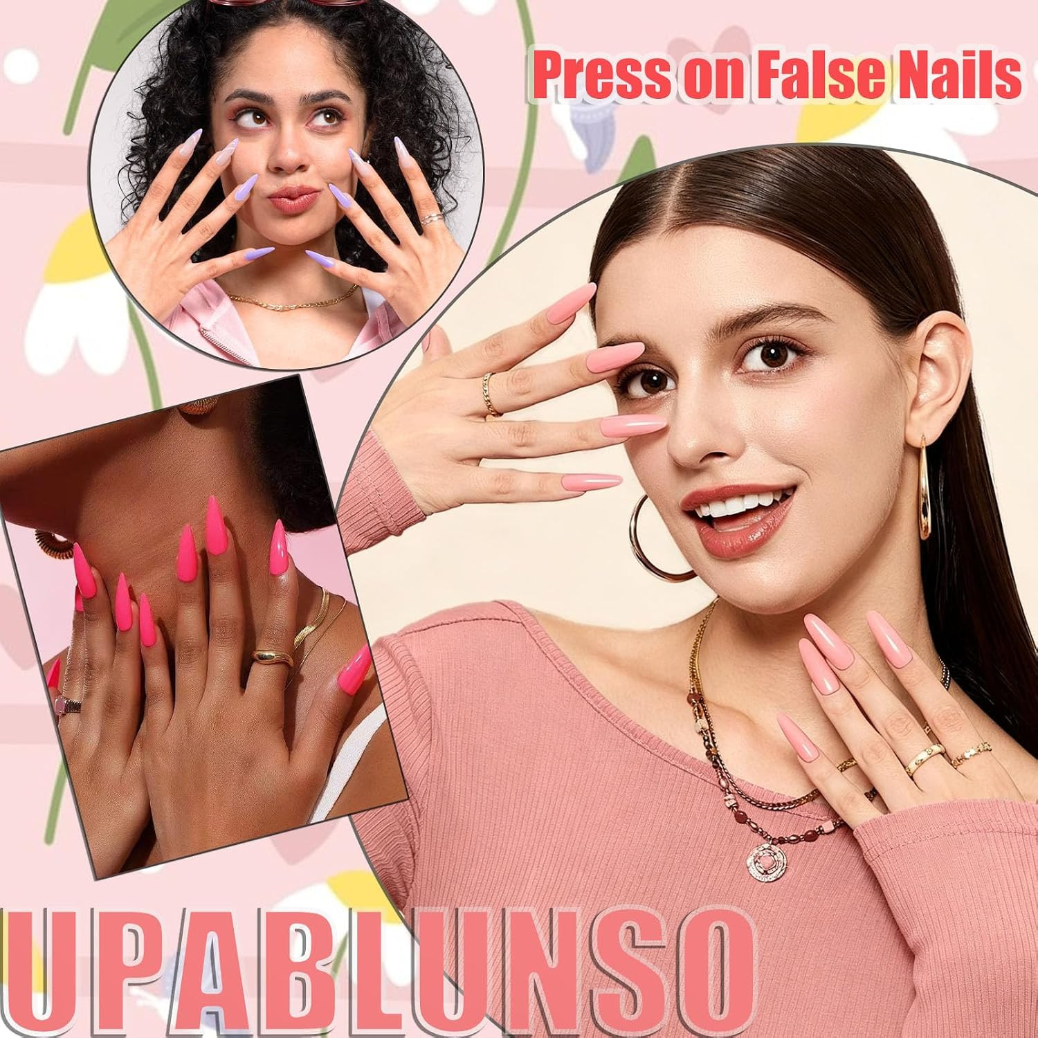 24Pcs Flower Press on Nails Almond Medium Stick on Nails Yellow 3D Floral Pearl