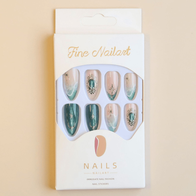 48pcs-Green Press on Nails Nude Almond Cat Eye Moon Star Ornate Rhinestones