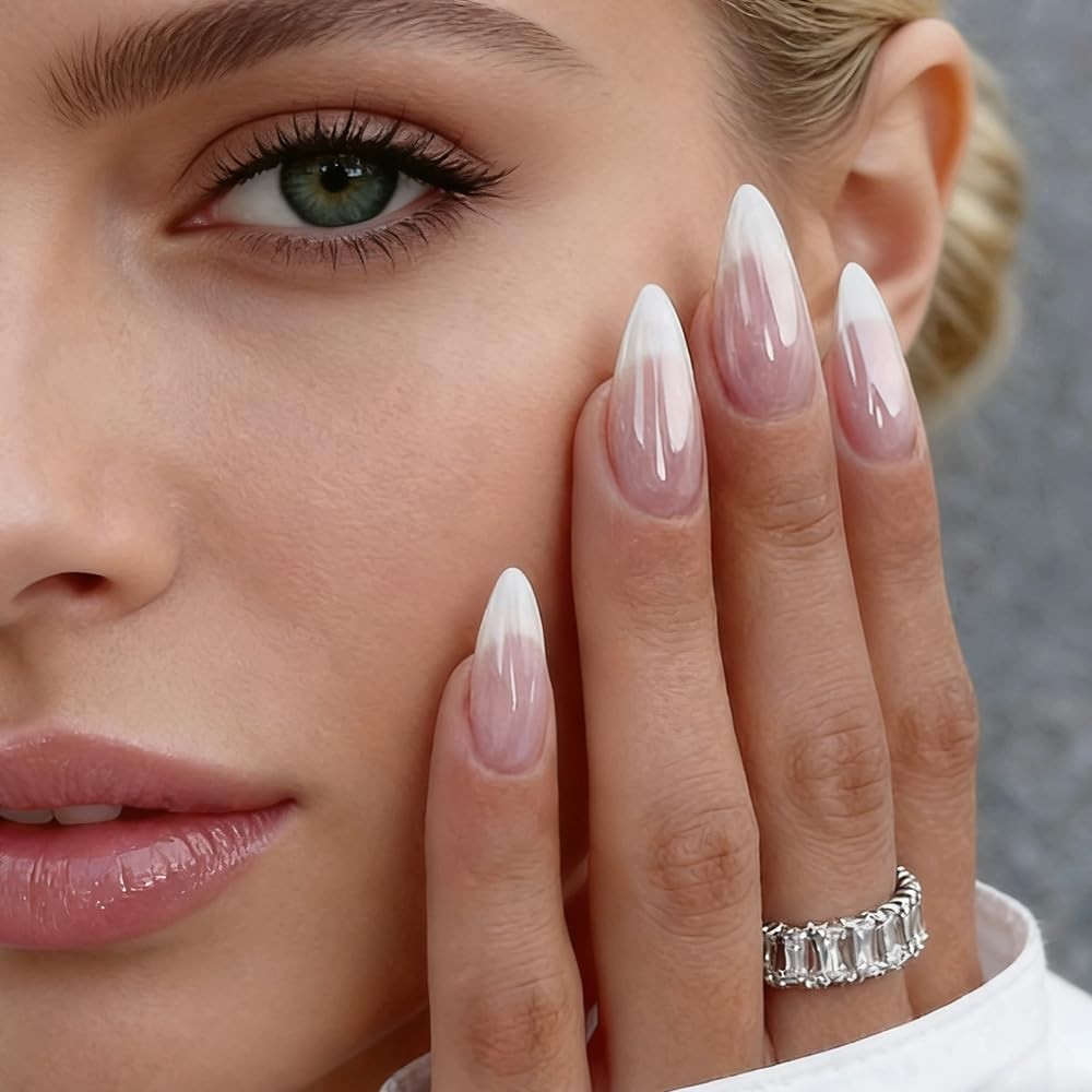 Press On Nails Almond Fake Nails French Tip False Nails Press ons Medium Glue on
