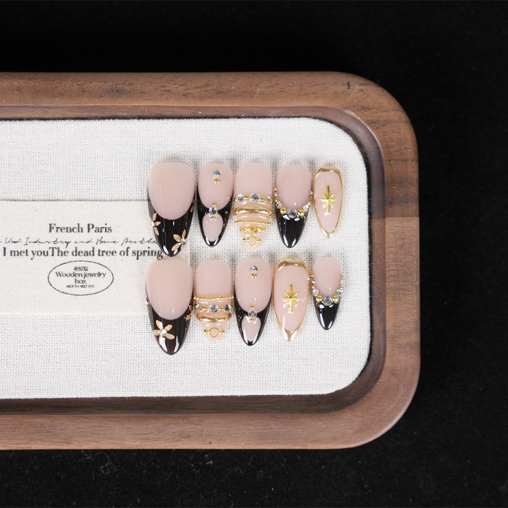 Handmade Gold Star Press on Nails Nude Black French Medium Almond Rhinestone