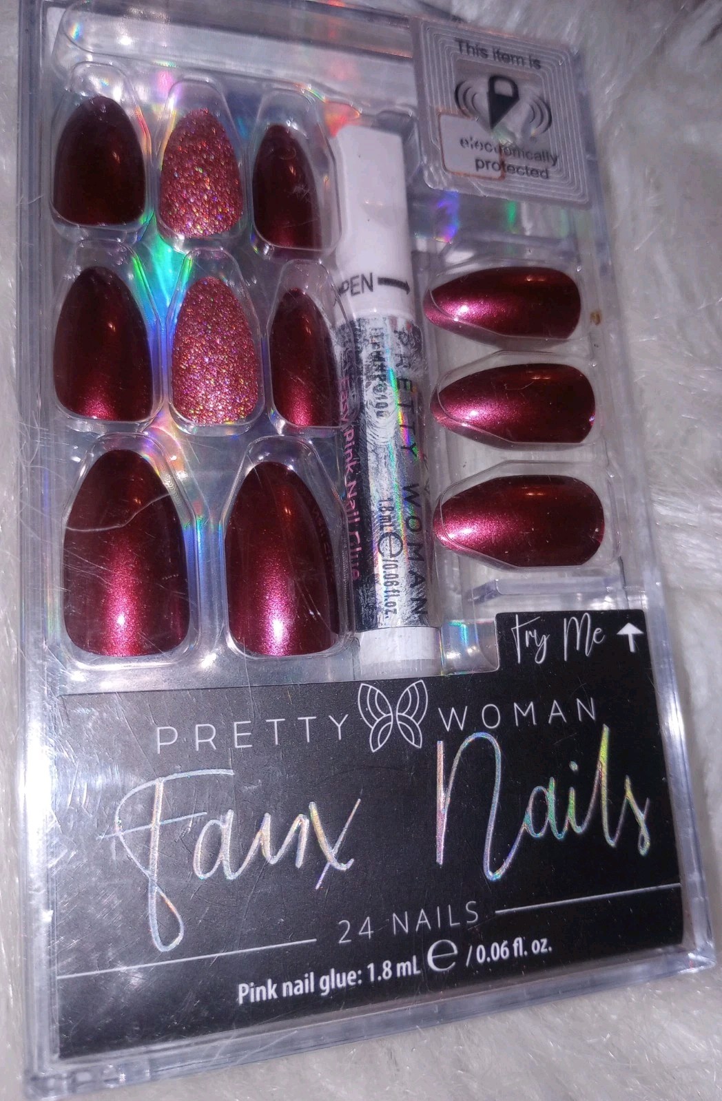 24 Nails Burgundy Press on Faux Fake False Fingernail Pretty Woman Glue Glitter