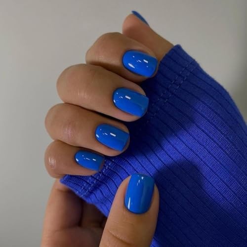 Short Square Gel Nails – Royal Blue – Natural Gel – Glossy