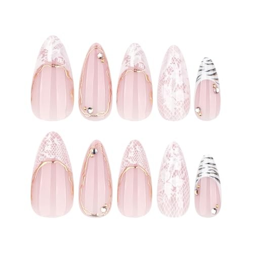 Black A33 Almond French Tip Press On Nails – Nude Pink Gold Line Lace Design