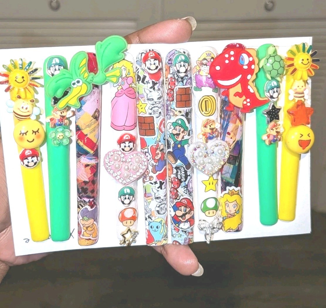 Bright Custom Super Mario Multicolor Decorative 6Xl Press On Nails Sz X-Large