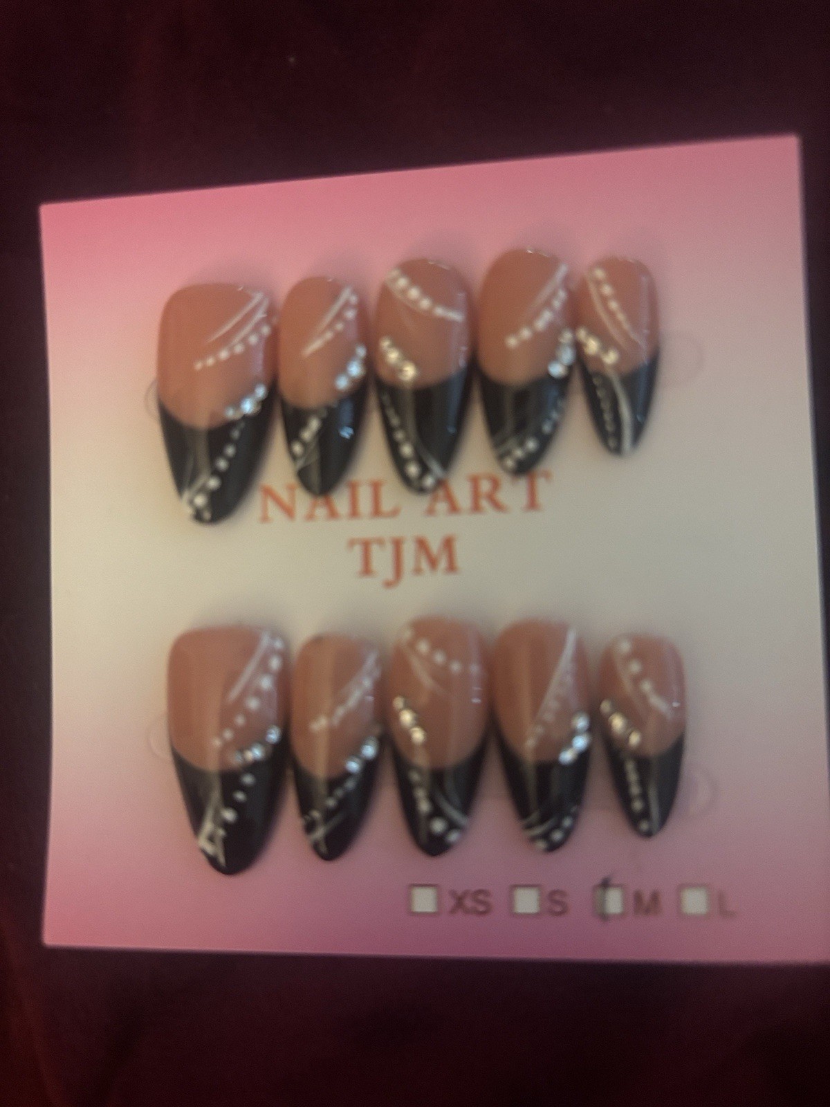 Press-On Nails Set Black/Beige French Rhinestone Pre-Designed Stiletto