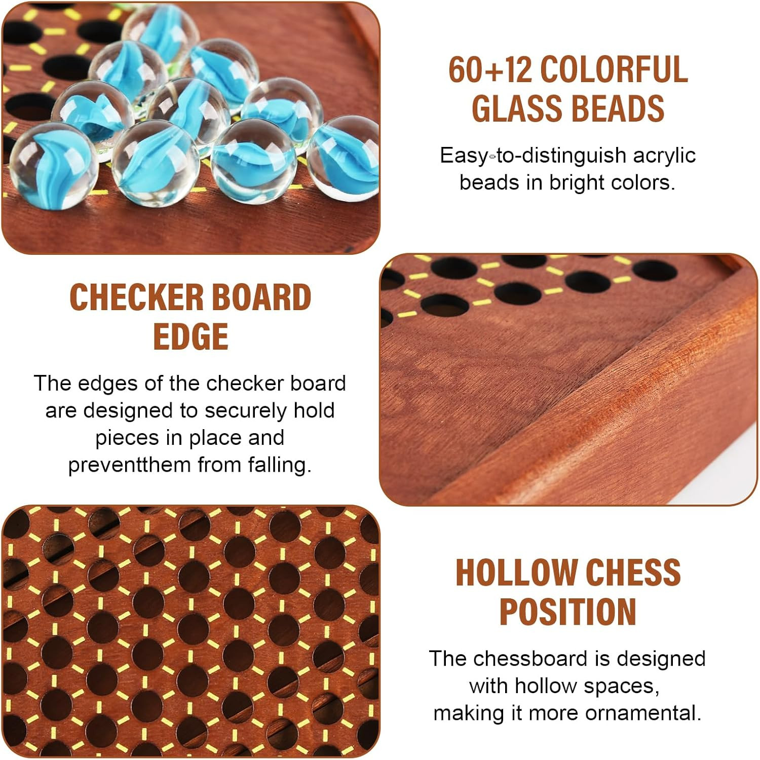 12.7 Inches Wooden Chinese Checkers x 11 x 1.6 inch, Glass Marbles