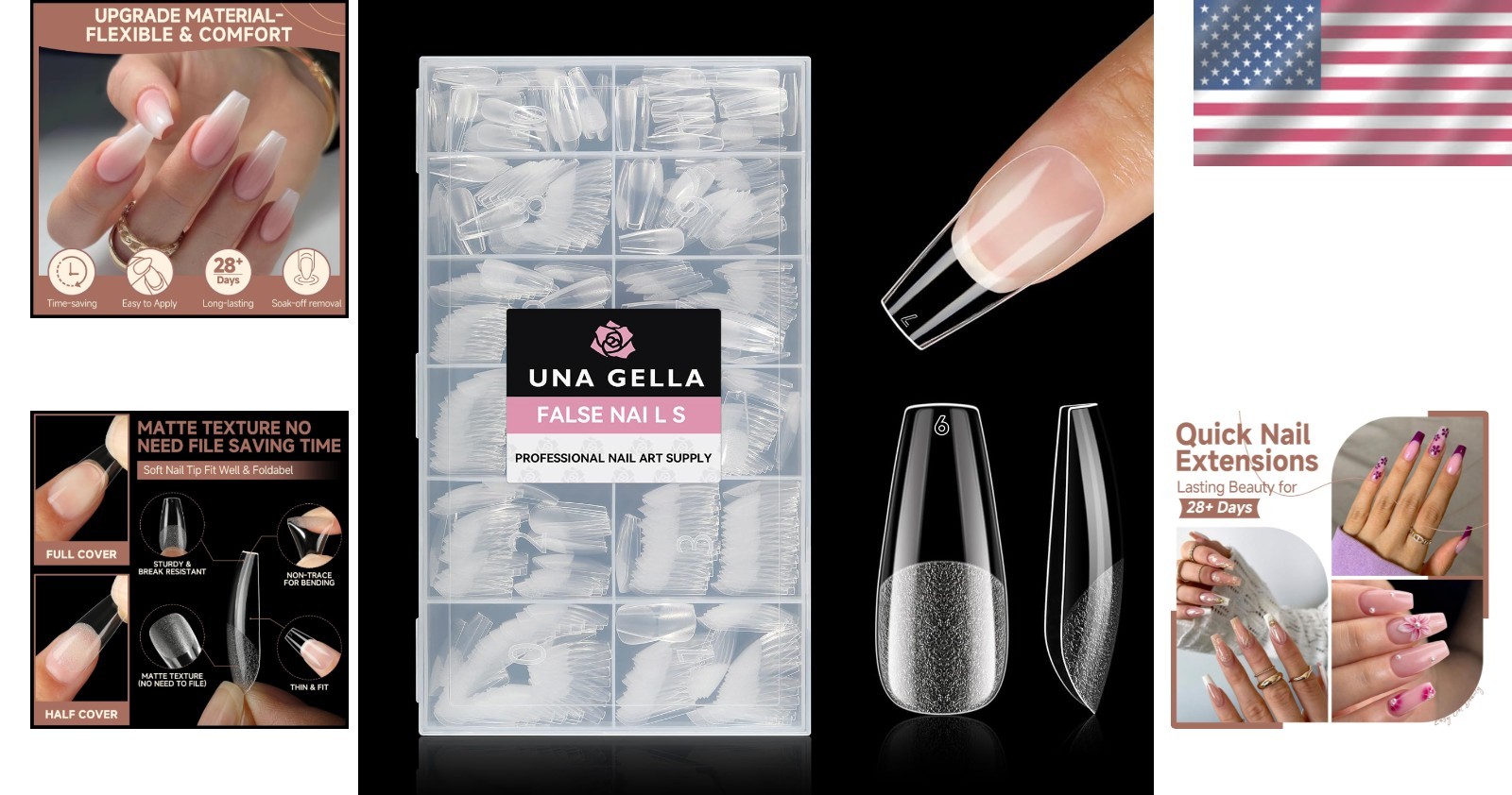 Half Matte Clear Coffin Nail Tips Set – 12 Sizes of 216 Full Cover Gel Nails