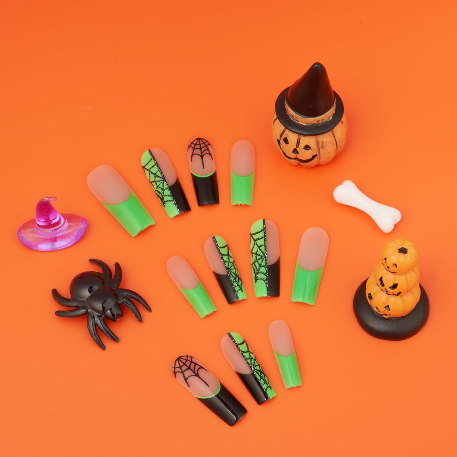 24 Pcs Halloween False Nails, Press on Long Coffin Square Fake Nails, Glue on Sp