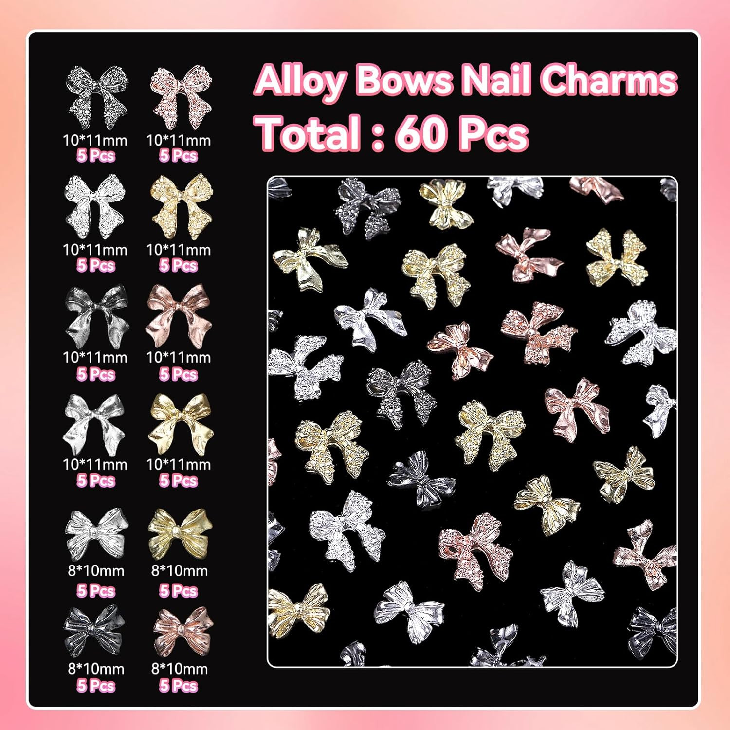 60 Pcs Metal Bow Nail Gems, 3D Alloy Bow Kont Nail Charms – 12 Styles Silver, Go
