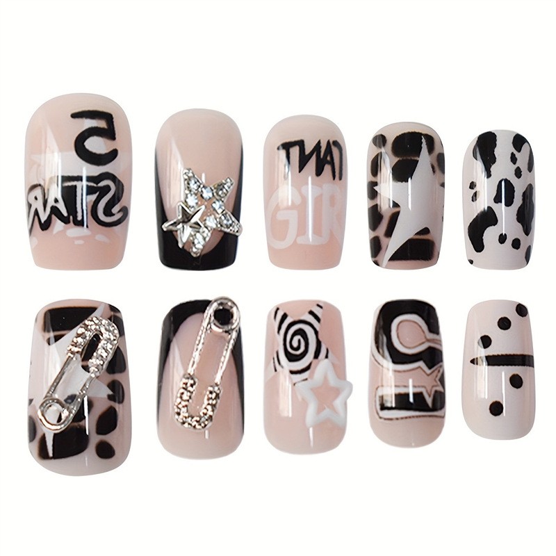 Short Square Star Studded Press On Nails Cute Cool Style