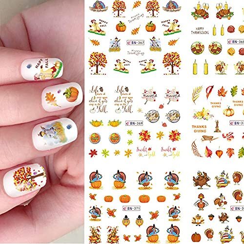 Maple Leaves & Pumpkin Nail Stickers, 12 Sheets Waterecals forIY D