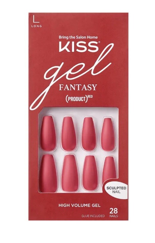 KISS Gel Fantasy Matte RED Gel Nails Long Coffin Glue-On Nails SCULPTED 86762
