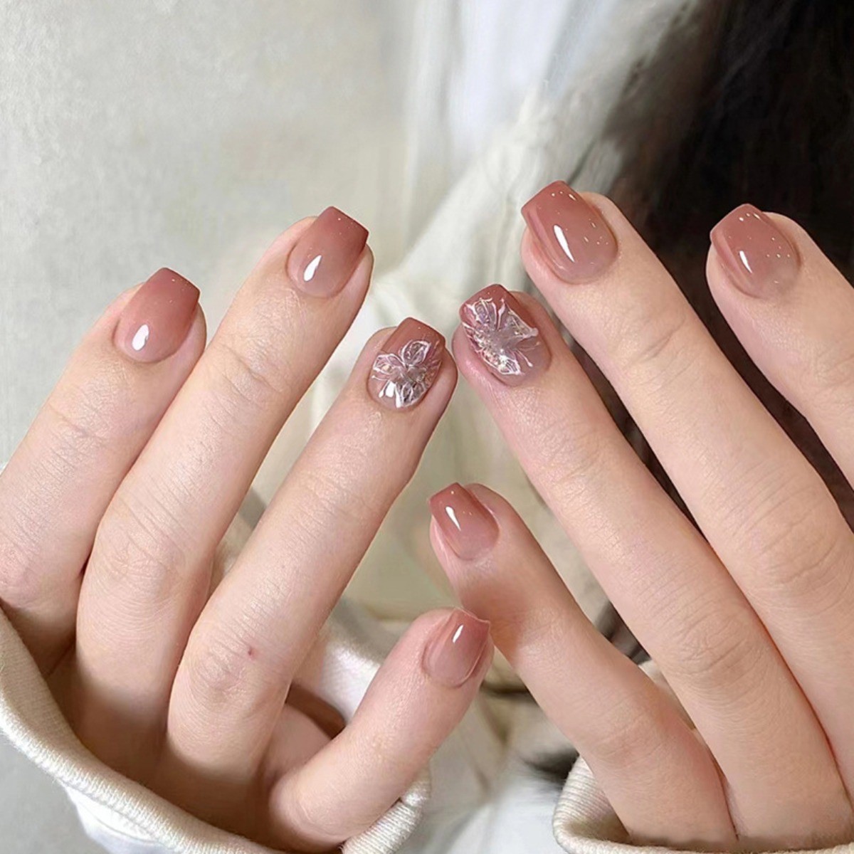 48pcs Short Square Press on Nails, Nude Brown Gradient Clear Butterfly Nails